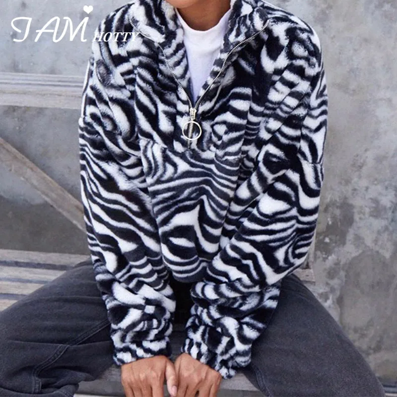 

Женский пуловер на молнии, винтажный Свободный пуловер с принтом зебры, из искусственного меха, в стиле Харадзюку, Осень-зима 2020