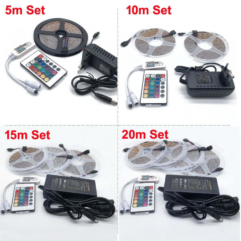 Светодиодная лента гибкая светящаяся RGB 5/10/15/20 м 12 В пост. тока + контроллер на 24