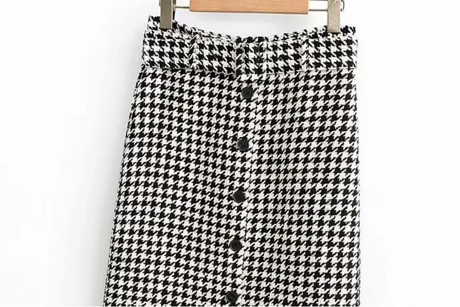 Женская твидовая юбка-карандаш в клетку винтажная однобортная средней длины с