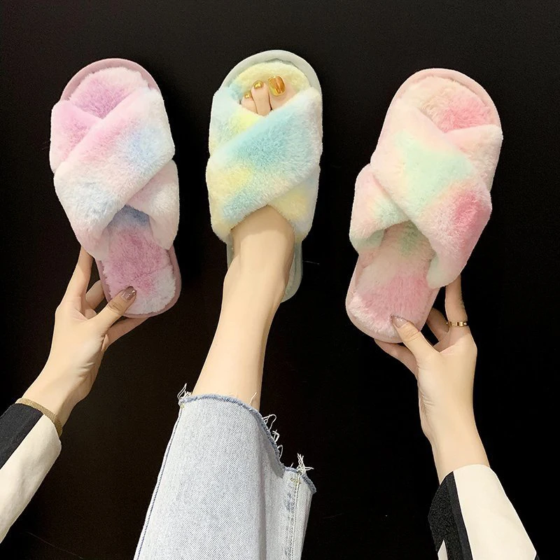 

Fashion Women Slippers Autumn Winter Cross Hairy Slippers Flat Sweet Slippers Indoor Fur Home Indoor Warm Soft Cotton Slippers