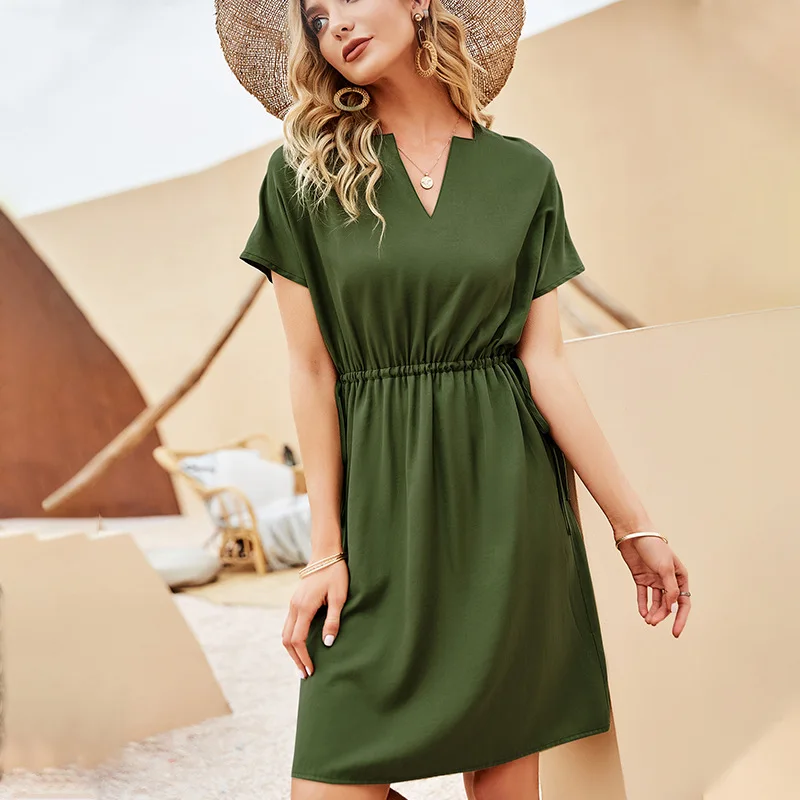 

2021 Casual Women's Vintage Green Dress Midi V Neck Short Sleeve Woman Evening Summer Light Midi Dresses for Women Money Robe