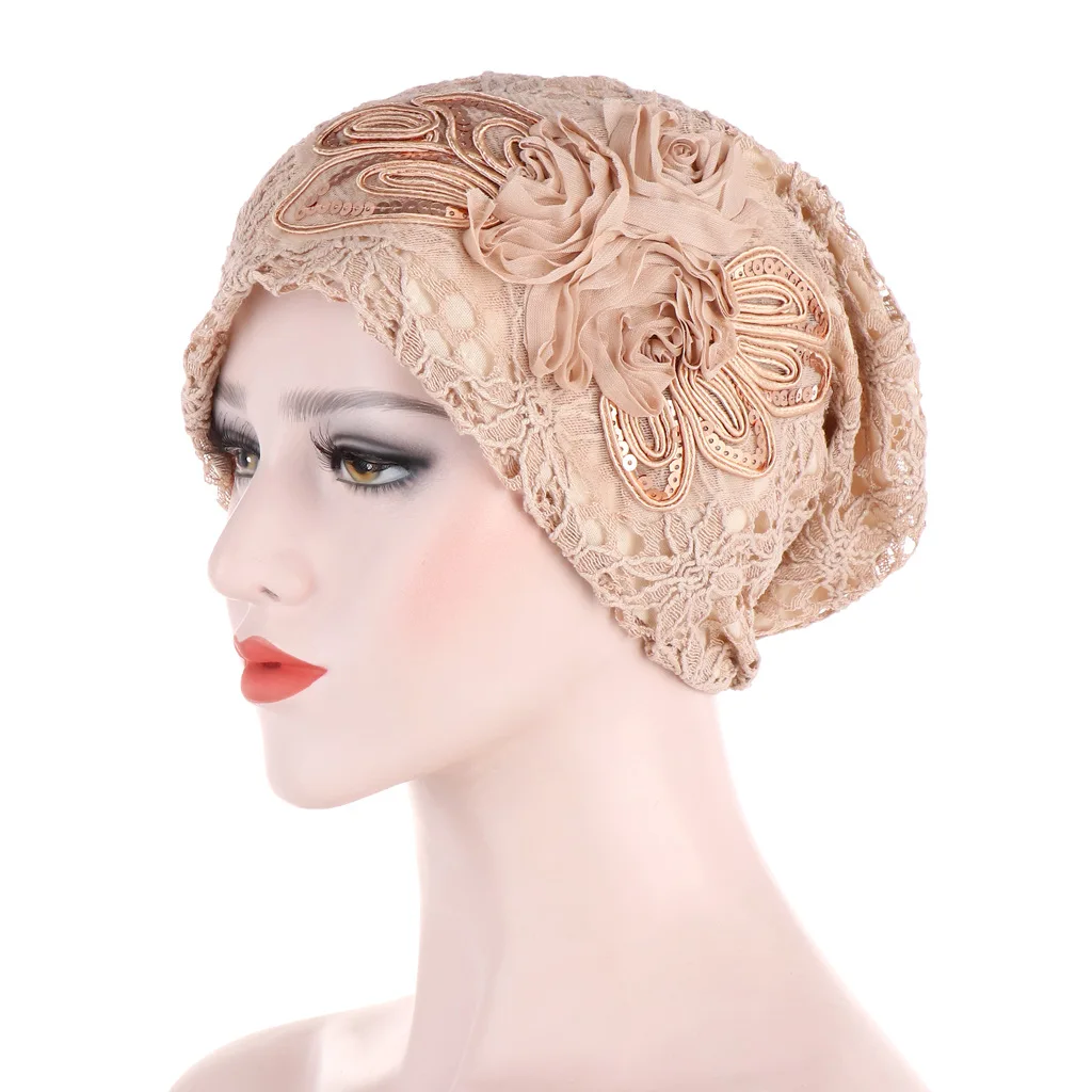 

New lace flower hollowed-out turban caps headband beautiful hijab hats women's headscarf women's bonnet
