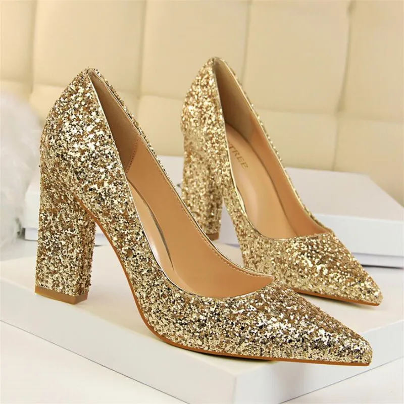 

Fashion thick with high heel shallow mouth was thin pointed flashing sequins sexy nightclub single shoes women's high heels