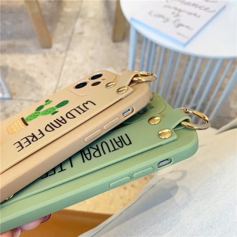 

Cute Cactus Letters Phone Case For iphone 12 Mini 11 XS MAX XR X 8 7 Plus Cases Soft Shell Bracket Wrist Strap Back Cover