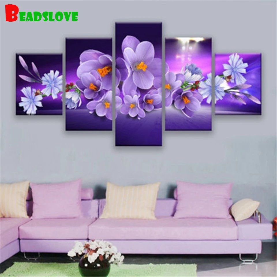 

5 Panel white colorful flowers Diamond Embroidery full square round drill Mosaic Set Diamond Painting Sale ,