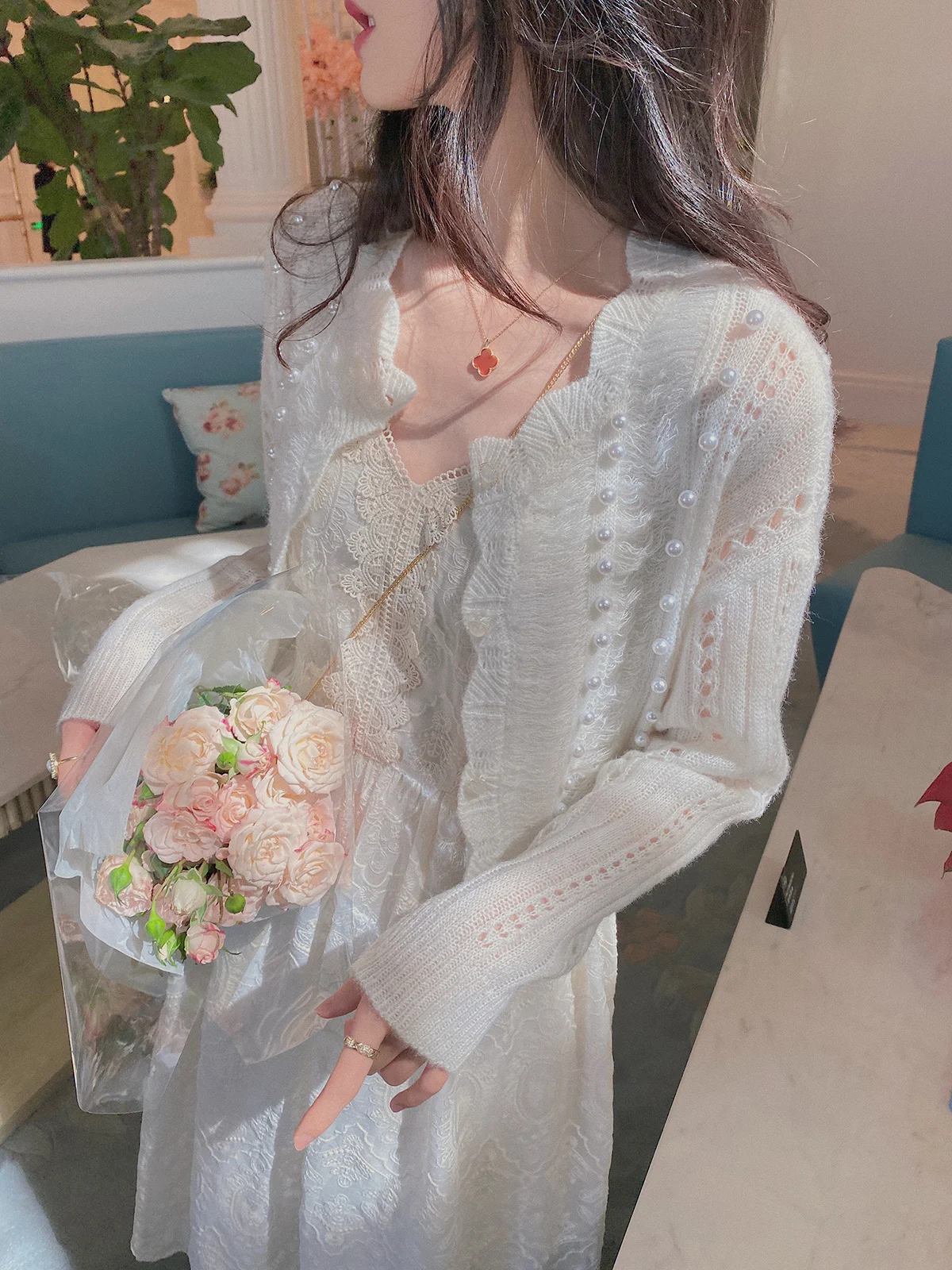 

White knitted cardigan thin women's spring and autumn style heavy industry nail bead hollow out design feeling suspender skirt
