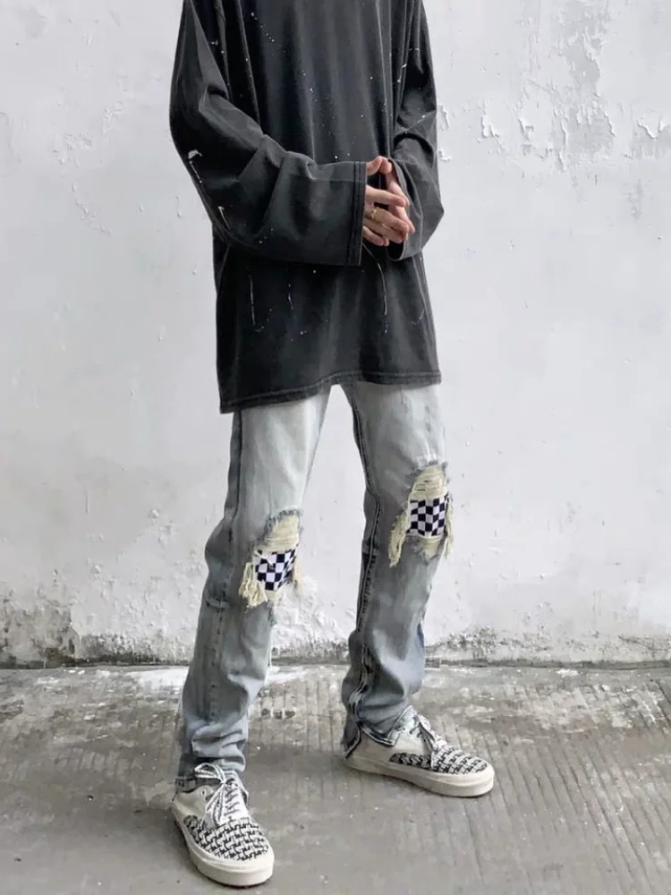 

ICCLEK High Street Jeans Ripped Jeans Patch Pants Slim Fit Pants Jeans Men Patchwork Jeans Mens Loose Jeans Painted Jeans