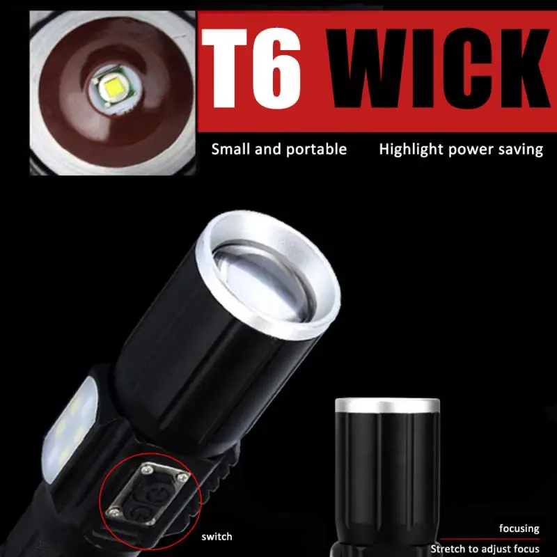 

New Led USB Rechargeable Retractable Zoom Adjustment Flashlight Tactical Hunting Flash Light With Side Warning Light Outdoor