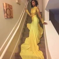 illusion mermaid prom dresses long 2021 women yellow sexy appliques evening gowns long sleeve party dress vestidos de fiesta