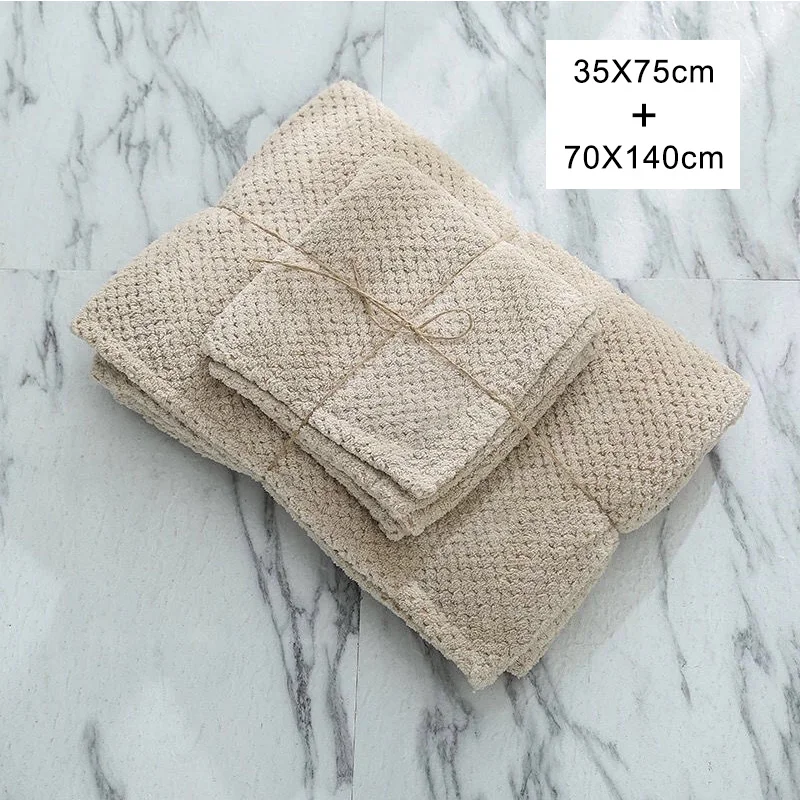 New 70X140CM Bath Towels For Adults High Quality Thicken Soft Shower Swimming Spa Sport Travel Towels Microfiber Large Towel Set - Color: Khaki towel set