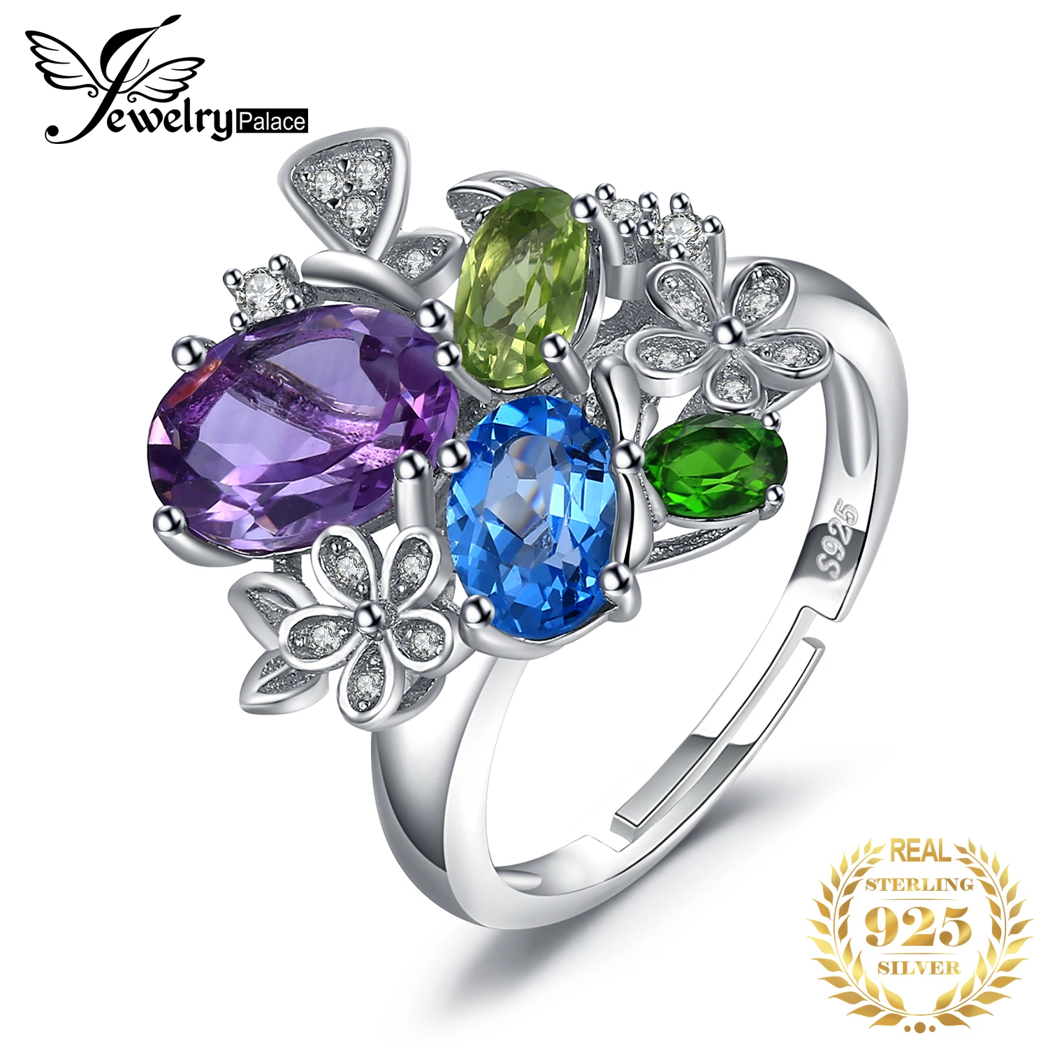 

JewelryPalace Flower Genuine Amethyst Swiss Blue Topaz Peridot Chrome Diopside Open Adjustable Cocktail Ring 925 Sterling Silver