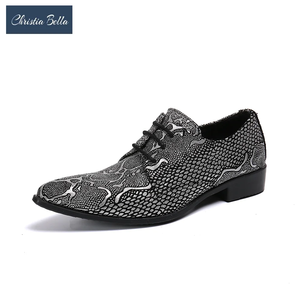 

Christia Bella British Style Silver Pattern Men Oxford Shoes Bridegroom Wedding Dress Shoes Lace Up Real Leather Brogue Shoes