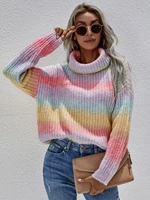 womens turtleneck autumn winter sweet rainbow color high neck knitted sweaters pullover cardigan tops loose outerwear