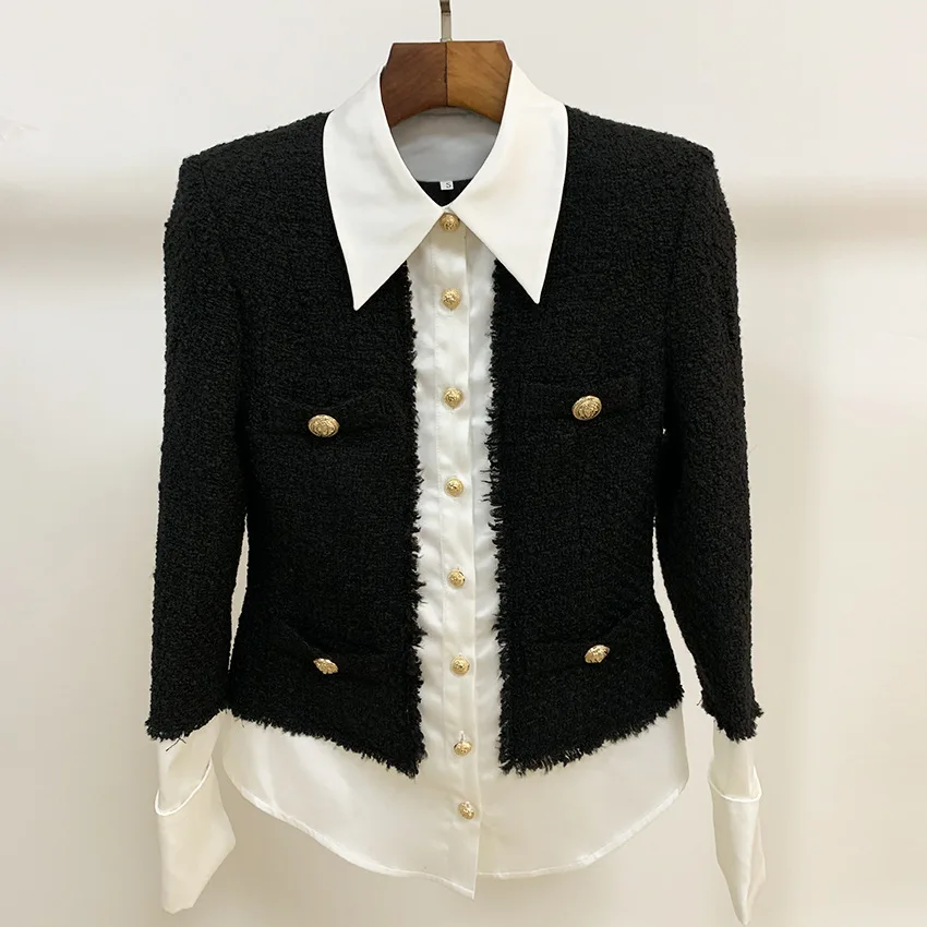 

Satin Spliced Jacket Autumn Women Lion Button Long Sleeve Korean Coats Office Ladies Tweed Tops Blusas Camisas