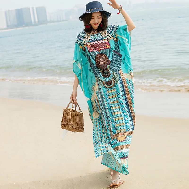 

Женское длинное платье из полиэстера, с круглым вырезом и принтом, в африканском стиле, лето 2020