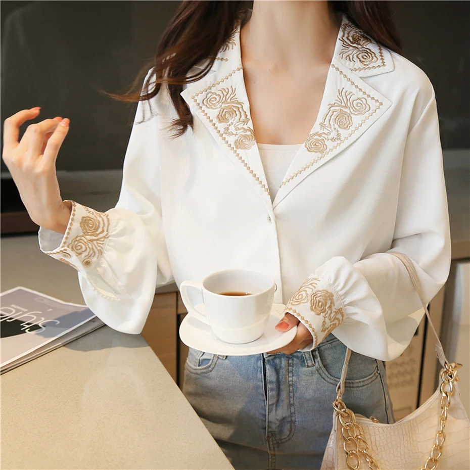 

Vintage Blouses 2021 Elegant Lapel Flower Embroidery Korean OL Shirt Women Single-Breasted Loose Tops Plus Size 2XL