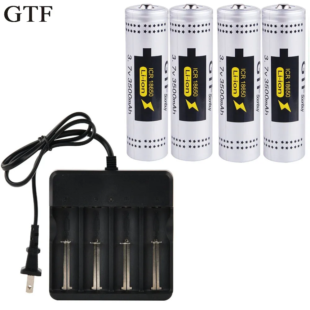 

GTF 4 pcs 3.7 v 18650 Pointed Actual Battery Battery 3500 mah Li-ion Rechargable Lantern Drop Shipping + 1 pc charger