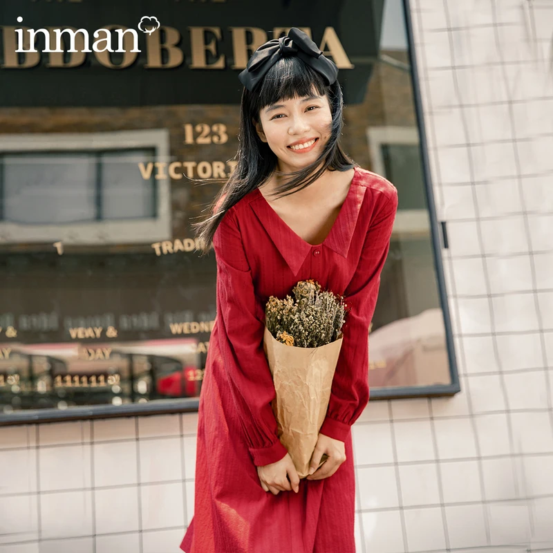 INMAN осенне зимнее свободное Хлопковое платье в стиле ретро с воротником и высокой