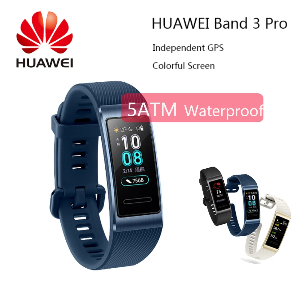 HUAWEI Band 3 Pro цветной сенсорный экран для сердечного ритма мониторинга сна водонепроницаемый gps смарт-браслет умный браслет