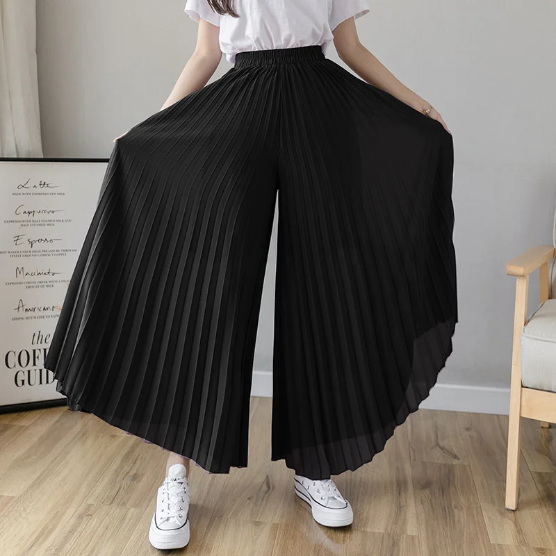

pantalon plissé ample pour femmes, en mousseline de soie, à taille élastique, noir et bleu, à jambes larges, mode