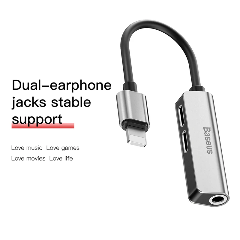 Baseus 3-in-1 Male to Dual & 3.5mm Female Adapter for iPhone L52 Fast Charging Portable Quick Charger Audio Adapter for iPhone