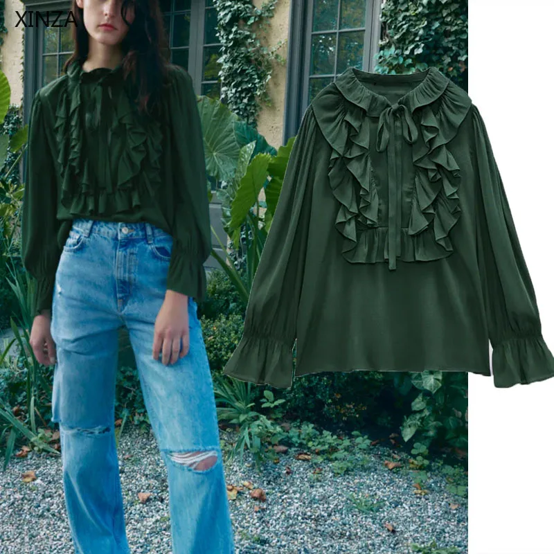 

Женская винтажная Блузка с оборками Za, зеленая романтичная эластичная свободная плиссированная блузка с длинным рукавом-фонариком, осень ...