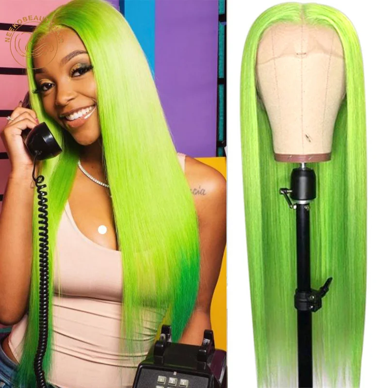 Парик со шнуровкой спереди розовые лаймовые зеленые серые синие прямые 13X4 парик
