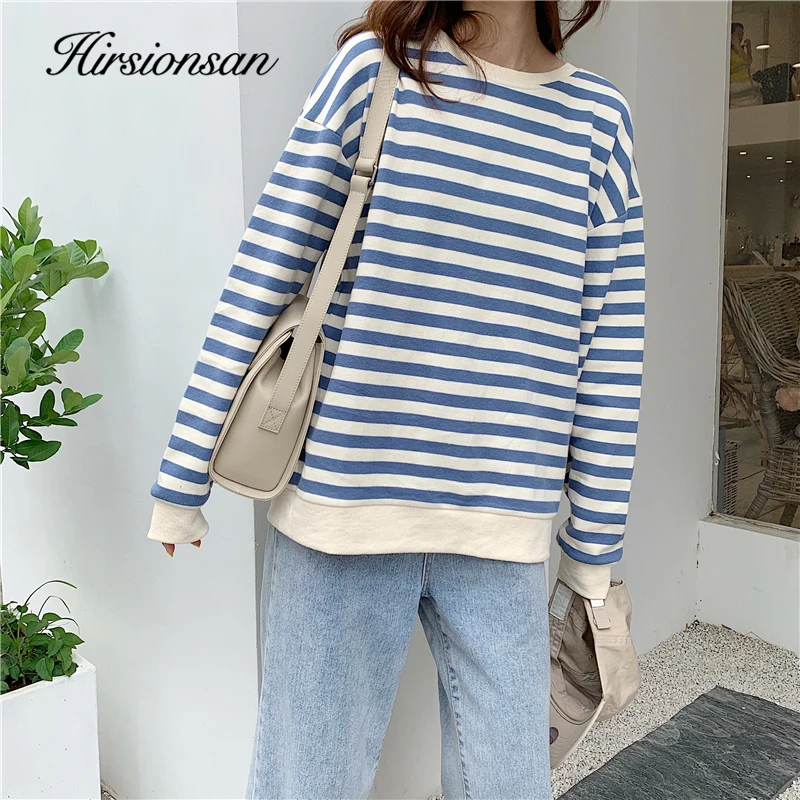 

Hirsionsan Striped Sweatshirt Women 2020 Spring New Korean Cotton Hoodies Kawaii Loose Female Pullovers Streetwear Harajuku Tops