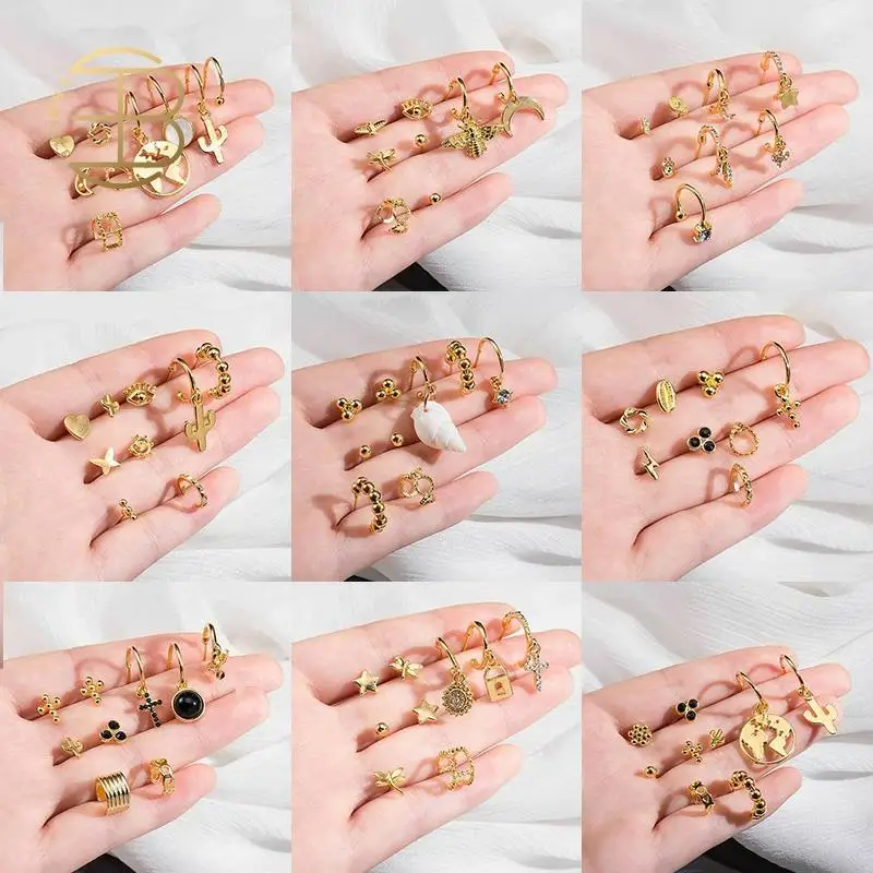 Набор сережек гвоздиков в уличном стиле с изображением кактуса сердца луны пчелы