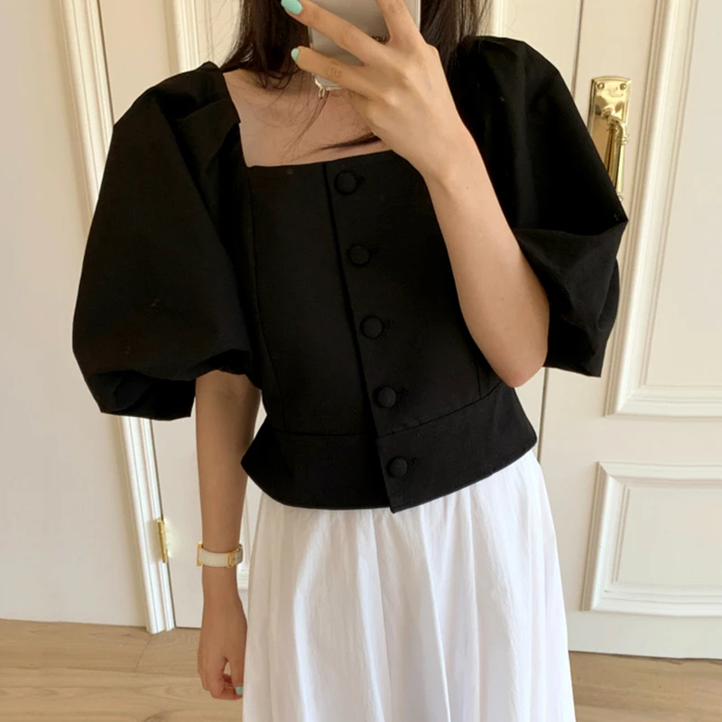

ZAWAHIKI Square Neck Blusas Mujer Solid Lantern Sleeve Short Slim Korean Chic Women Blouses Summer Elegant Shirts Office Ladies