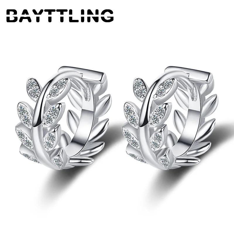 

BAYTTLING 925 Sterling Silver 13MM Luxury Gold/Silver Leaf Circle Hoop Earrings For Women Fashion CZ Zircon Jewelry Gifts