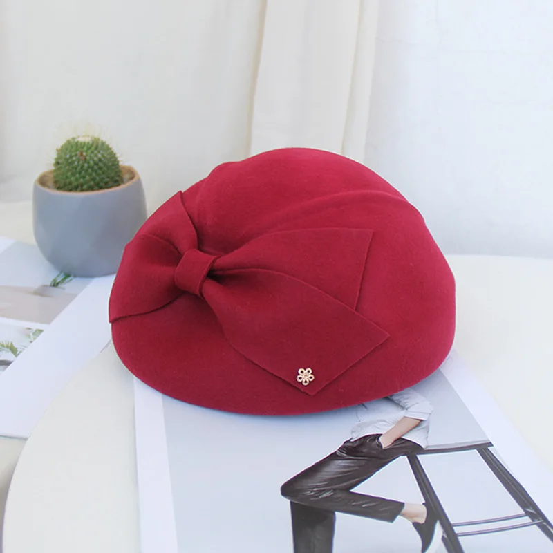 Wine Red FS, Женский винтажный шерстяной берет, свадебная шапка для женщин, элегантные шапки с подстилкой, верблюжья, черная, чародейка, зимние фетровые шляпы с бантом - Цвет: Wine Red