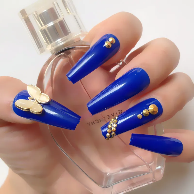 On Nails Ab Crystal Pre-designed French Tie  Stiletto Long Blue Luxury Gold Color Fake Nails Kit 24pcs