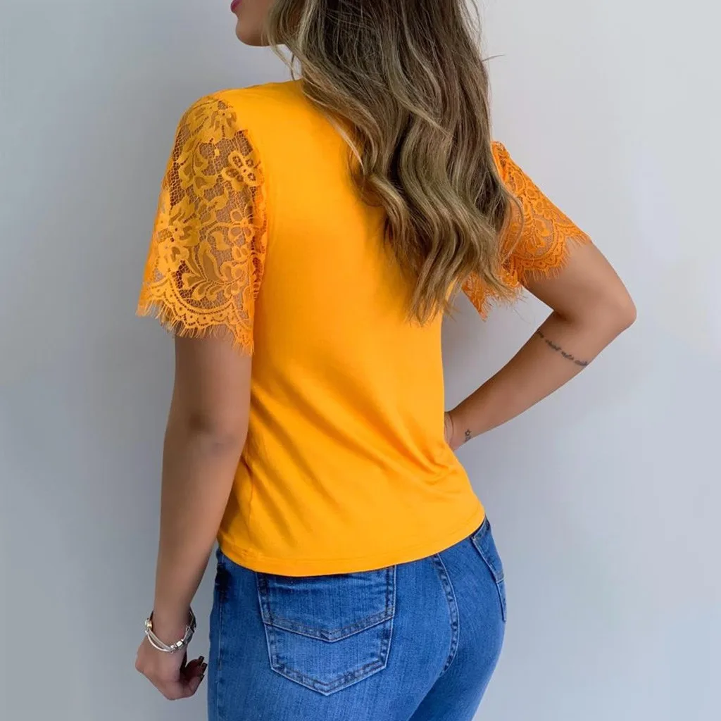 

Summer Lace T-Shirt 2020 Fashion Women Solid Casual Tanic Tops streetwear Harajuku ladies T-shirt vestidos de festa Tops Tees