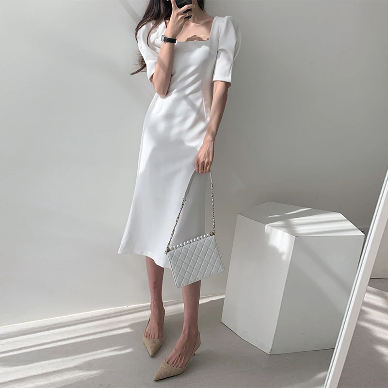 

Платье женское с пышными рукавами, элегантное модное белое офисное приталенное, для работы и вечевечерние, ka854, на лето