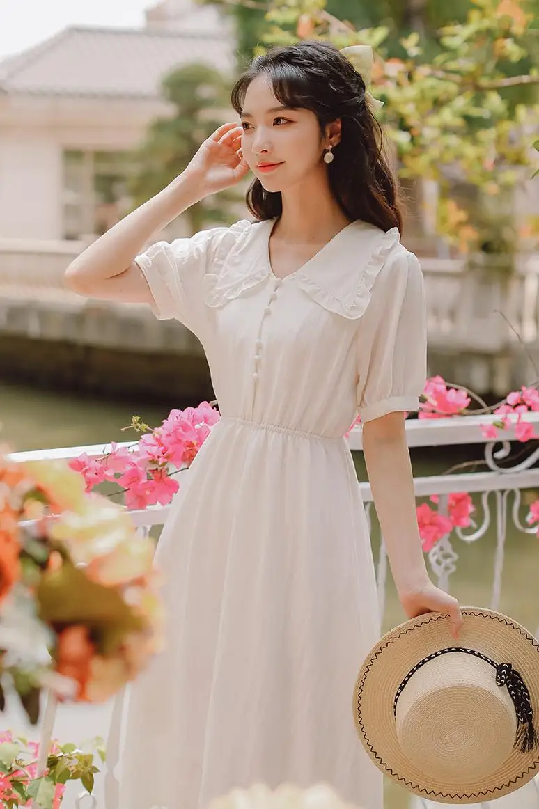 

COIGARSAM Women dress Turn-down Collar Dresses White 2731