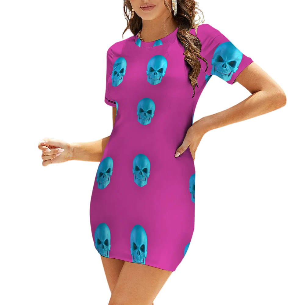 

Fashion New Casual Ladies Dress Short Sleeve Slim Round Neck Dress Hapy Rock Skull Ladies Spring and Autumn Short Skirt