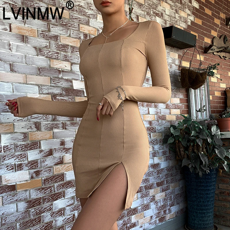 LVINMW сексуальное трикотажное облегающее платье с квадратным воротником и длинным