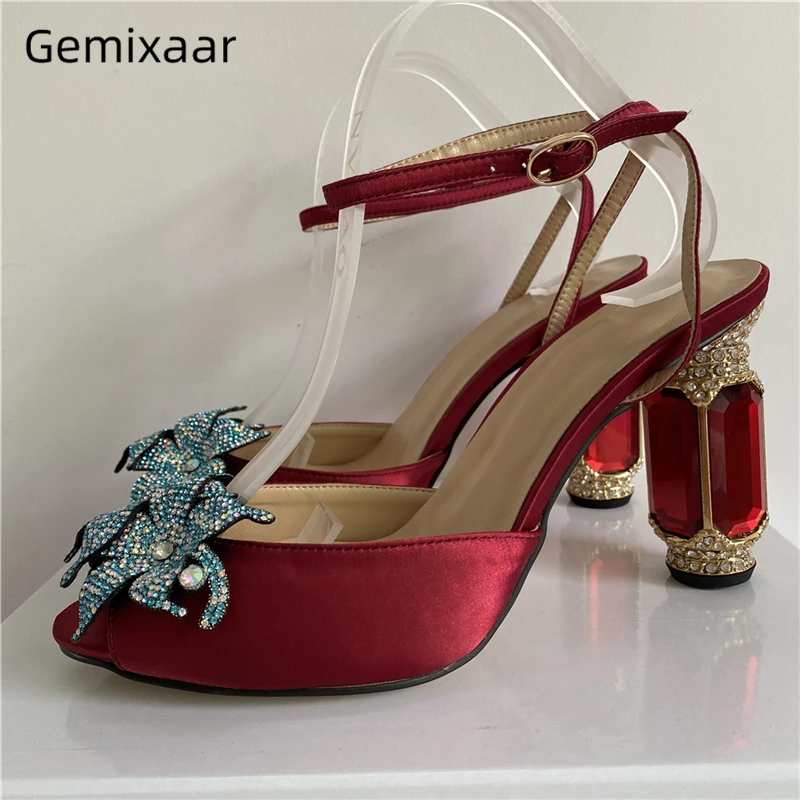

Diamond High Heel Ankle Strappy Sandals Women Jeweled Crystal Handmade Flower Luxury Satin Rhinestone Party Shoes Summer