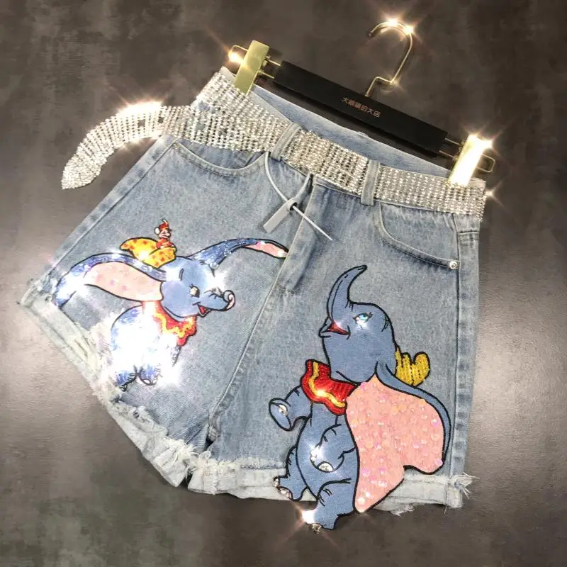 

New small elephant pattern heavy industry nail bead wash water denim 3 point shorts hot pants women