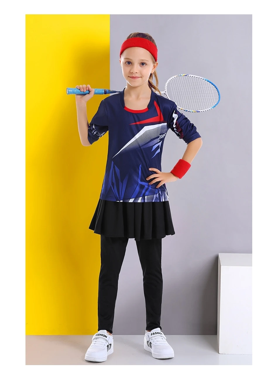 

Children Badminton Sport T-Shirt Women's Clothing Kid Tennis Skorts Kits Girls Tennis Shirts Skirt Pants Sets Full Sleeve