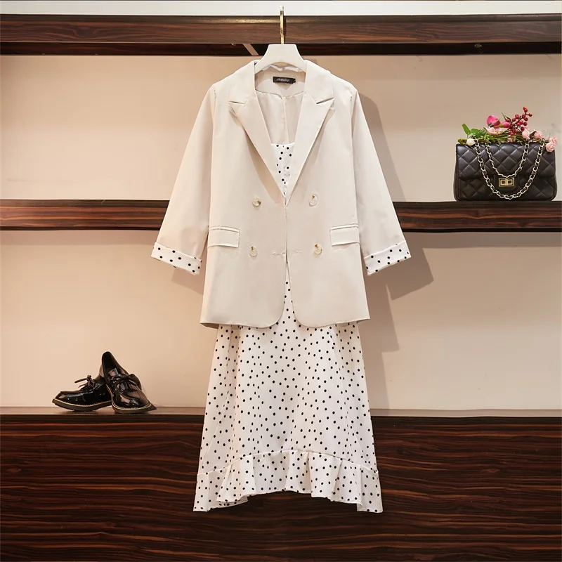 New Spring Autumn Plus Size Dress Suits Women Loose Dots Ruffles Sling Double Bressted Blazer Coat Solid jacket dress M794 | Женская