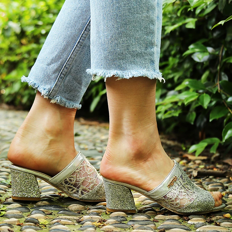 

2020 Glitter Mesh Gladiator Sandals Women Summer Fashion Peep Toe Casual Slippers Thick Heel Women Shoes Slip On Big Sizes 43
