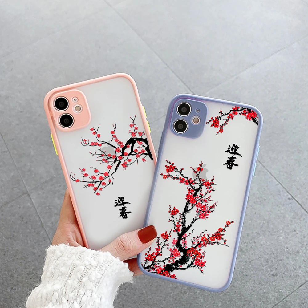 

iphone 13 12 XS 11 Pro Max Mini Chinese Style Painting Case for iphone X XR SE2020 7 8 Plus Red Floral Plum Blossom Flower Case