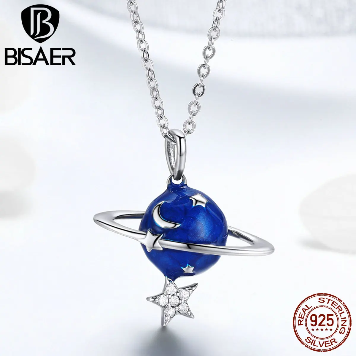 BISAER 925 пробы серебро галактика серия синяя эмаль планета Подвеска Ожерелье для женщин серебряная цепочка воротник Argent Bijoux GAN007