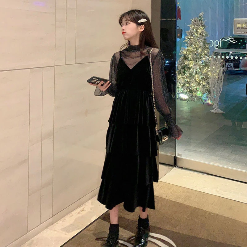 

Korean 2021 Autumn Chic Elegant Dress Female Casual Gothic Sexy One Piece Dresses Women Evening Party Lace Black Designer Dress