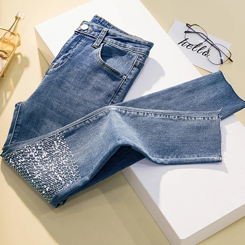 

Женские джинсы с высокой талией, эластичные, демисезонные, корейские, укороченные штаны, украшенные стразами, узкие джинсы, брюки, 4XL