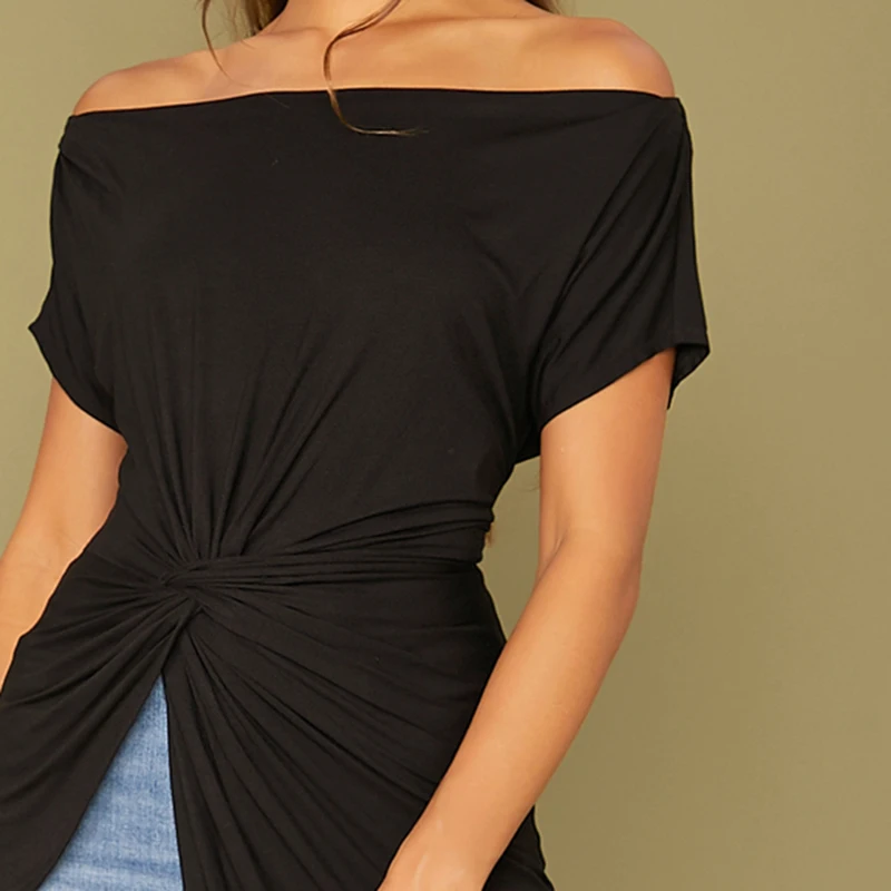SHEIN черный с плеча твист Спереди асимметричный подол Bardot футболка Женские топы осень короткий рукав Твердые Элегантные футболки