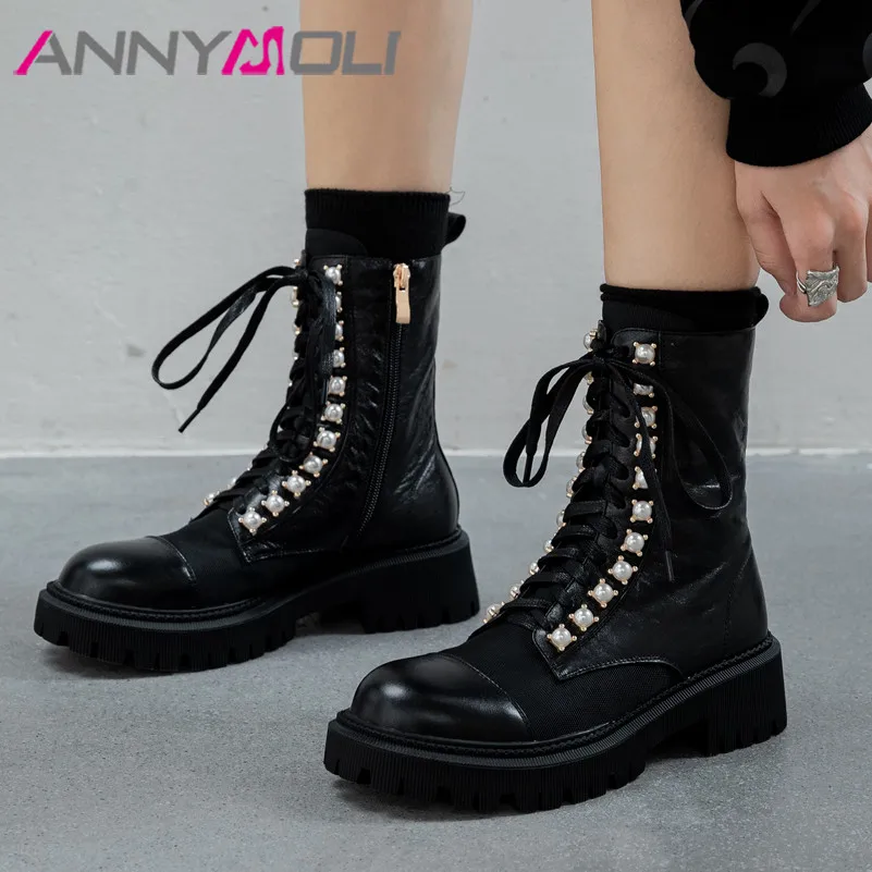 

ANNYMOLI Motorcycle Boots Women Shoes Crystal Real Leather Platform Mid Heel Ankle Boots Lace Up Zipper Chunky Heels Short Boots