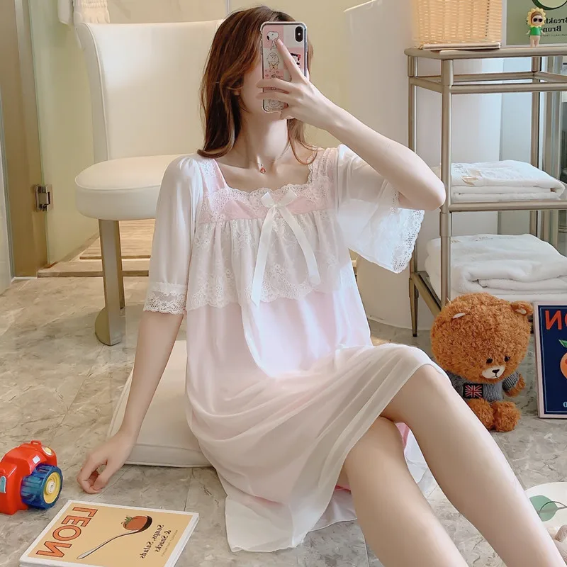 

U-Neck Women Sleepshirt Half Sleeve Sleep Gown Nightgown Lounge Robes Nighties Summer Nightshirts Dress Home Clothes